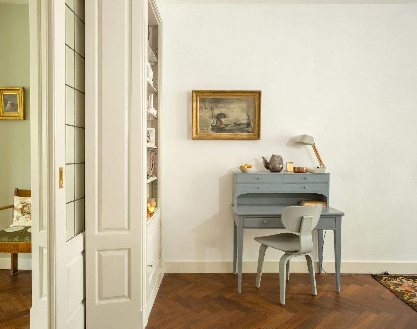 white wooden table near white wooden door